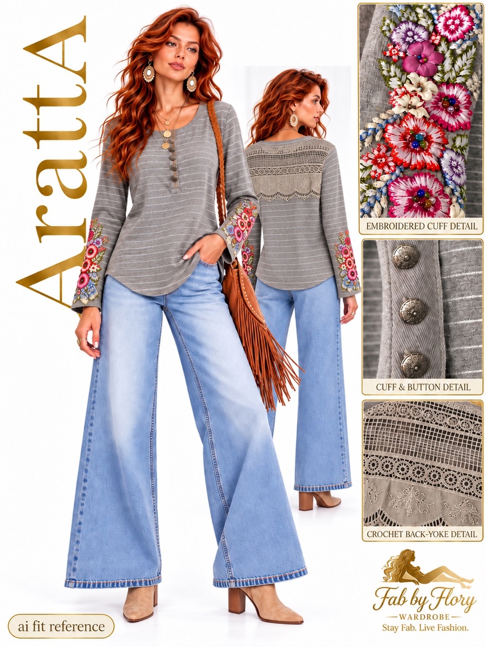 Aratta Silent Journey Gray Stripe Floral Embroidered Crochet Henley Tunic Size S